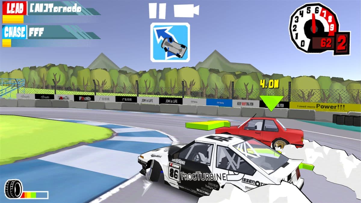 FR Legends touge track gameplay, drift car sliding through a mountain pass